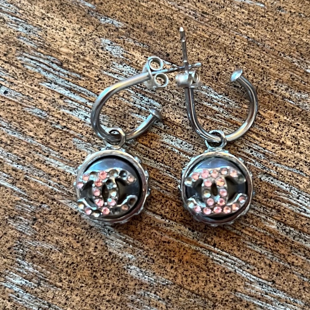 CHANEL CC Logos Pink Rhinestone Round Hook Earrings Silver Tone